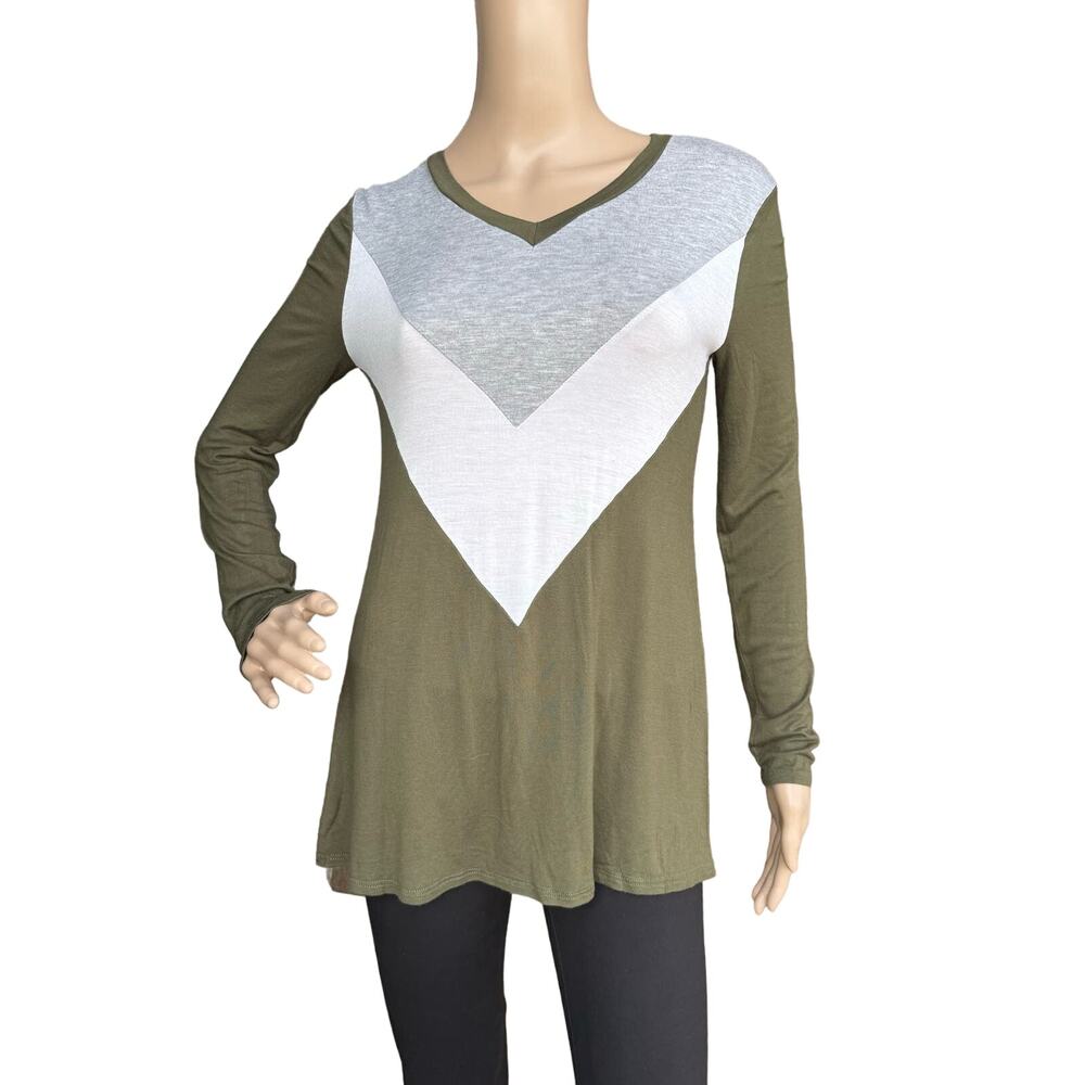 12 PM by Mon Ami Women Knit Green White V-Neck Long Sleeve Tunic Sweater Top S